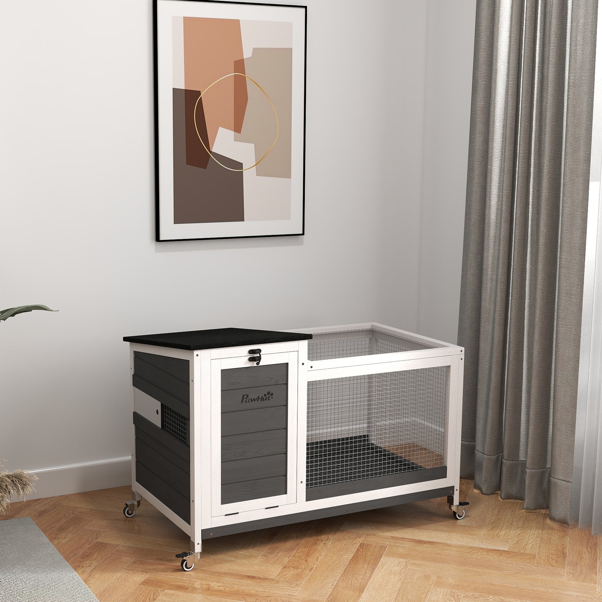 Pawhut Conejera De Madera Con Ruedas Techo Abatible 91x51x66 Cm Gris Oscuro_1