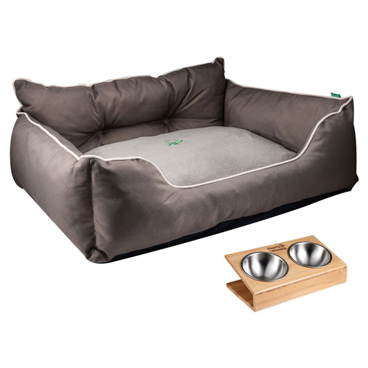 Cama Para Mascota 90x70x28cm Marrón + Comedero Doble De Acero En Bambú_0