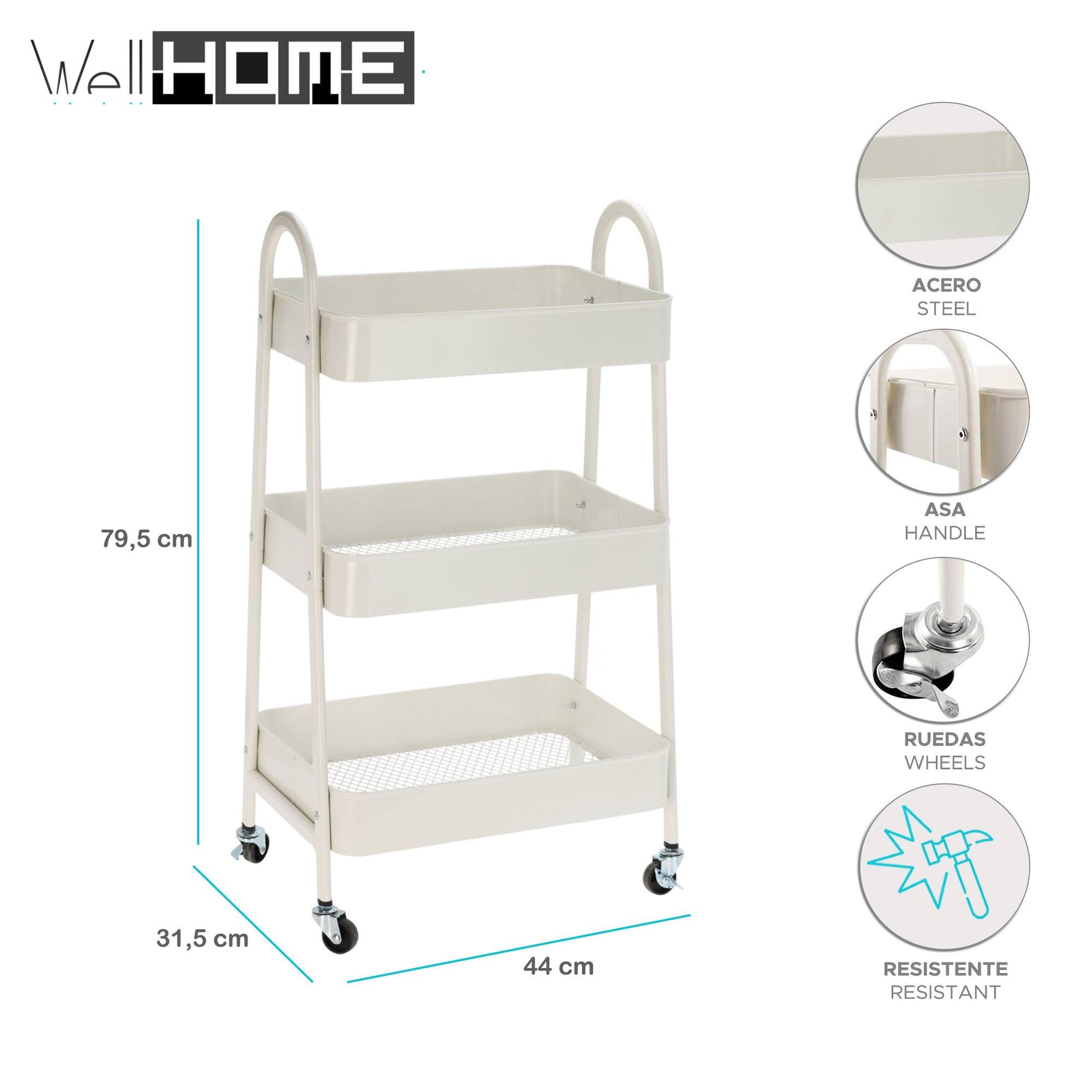 Well Home Carro De Cocina Blanco Con 3 Cestas Y Ruedas H.79,5cm_1