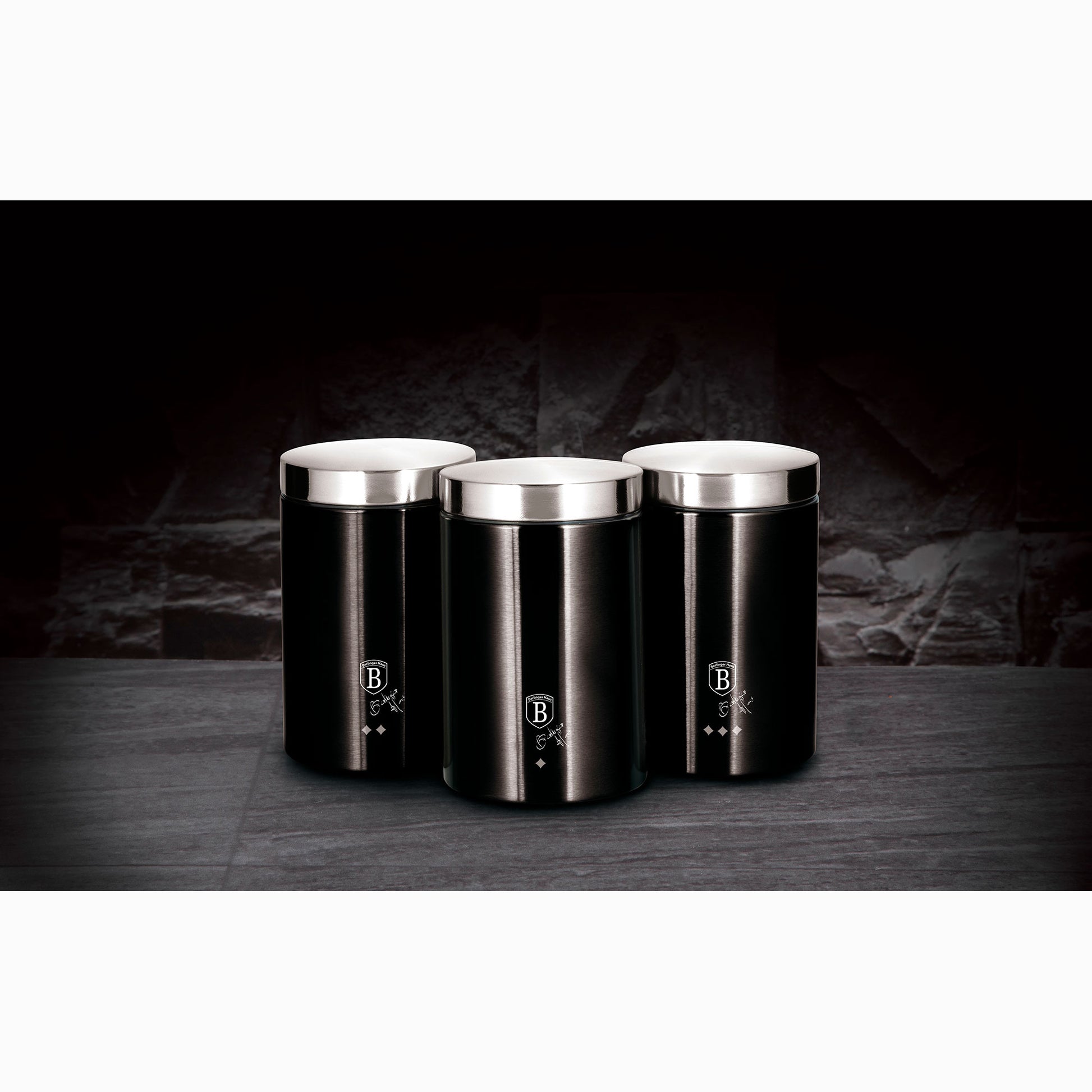 Set 3 Botes Cocina Almacenaje Acero Inoxidable, Diseño Moderno, Acero Inoxidable / Negro_1