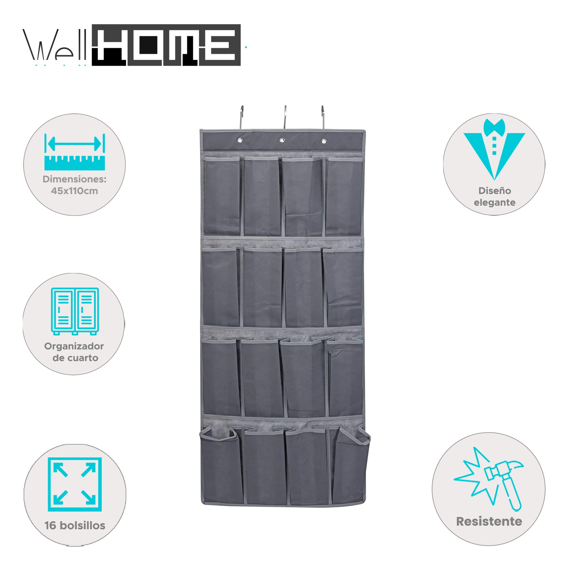 Organizador De Puertas Con 16 Casillas Y 3 Ganchos De Metal Gris - Well Home_1