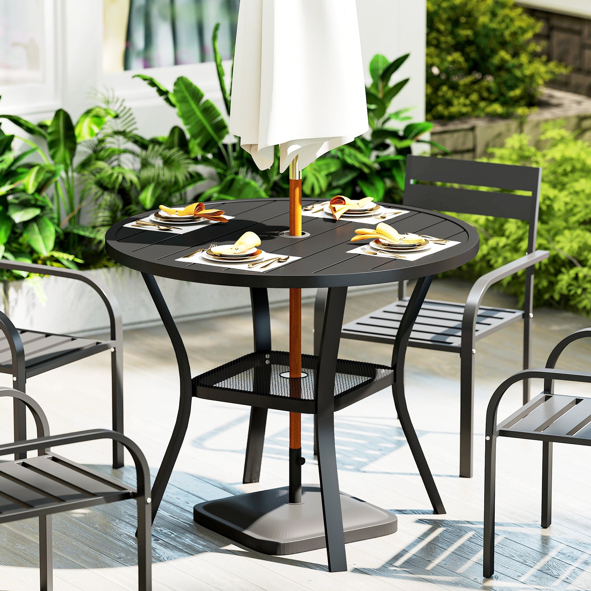 Outsunny Mesa De Jardín Exterior Con Orificio Para Sombrilla Ø90x73 Cm Negro_1