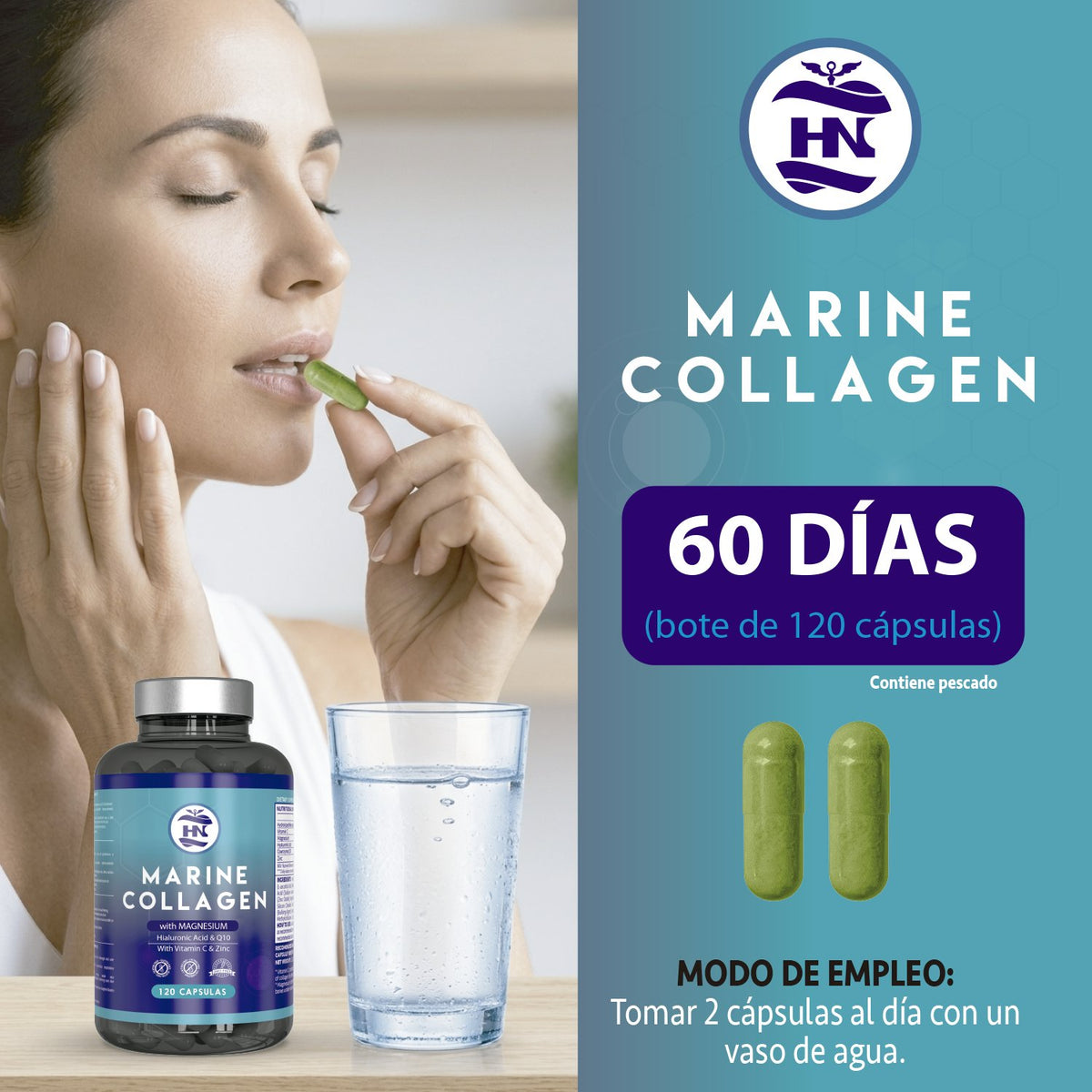 Pack 3 X Colágeno Marino Hidrolizado Con Ácido Hialurónico, Vitamina C, Q10, Zinc Y Magnesio - 3 X 120 Cápsulas_3