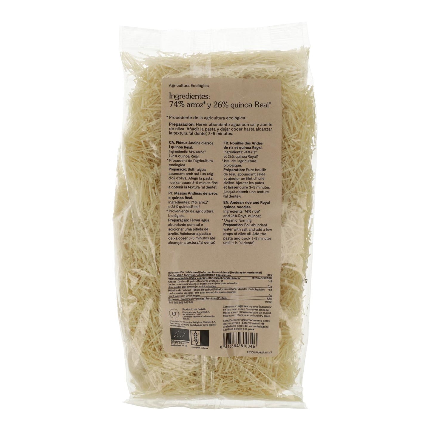 Massa de arroz e quinoa biológica sem glúten Oleandro 500 g