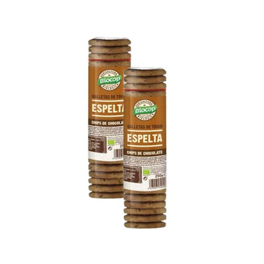 Embalagem de 2 bolachas de espelta Biocop com pepitas de chocolate 250 g