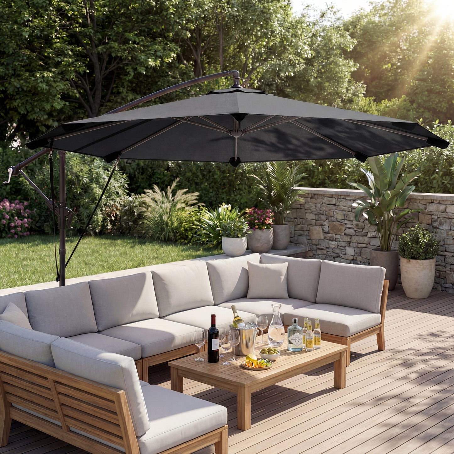 Outsunny Parasol Excéntrico Ø300 Cm Con Base Cruzada Manivela Y Funda Gris_3