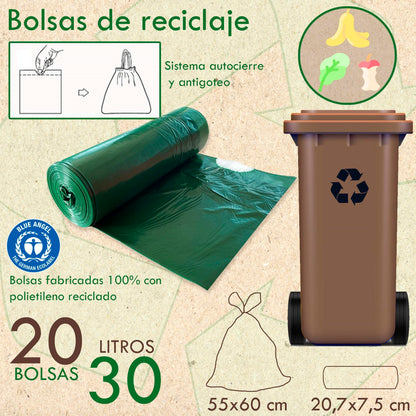 100% Reciclado 4 Rollos De 20 Bolsas De Basura Con Autocierre 30l