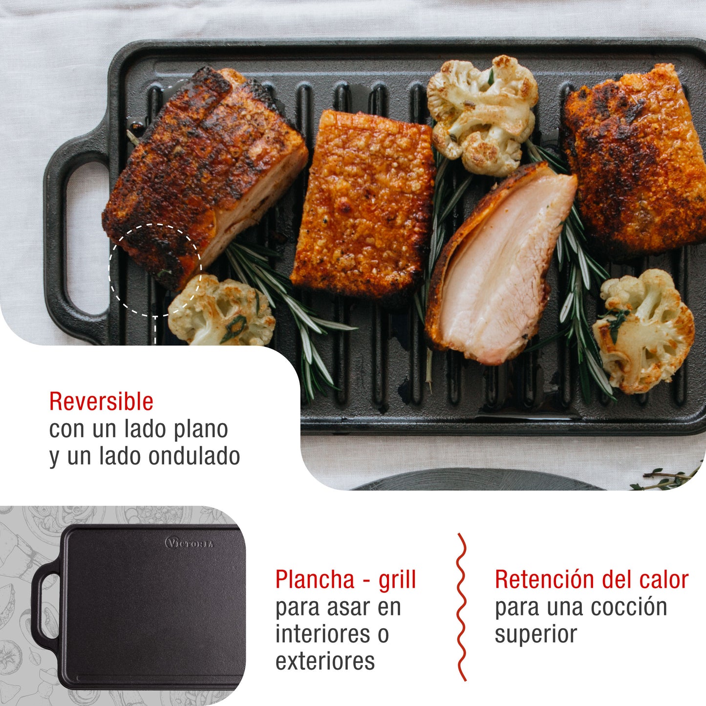 Victoria Plancha Cocina Hierro Fundido Curado Parrilla Reversible 33x21cm Para Fuego Barbacoa Sin Ptfe, 36058, Negro_2