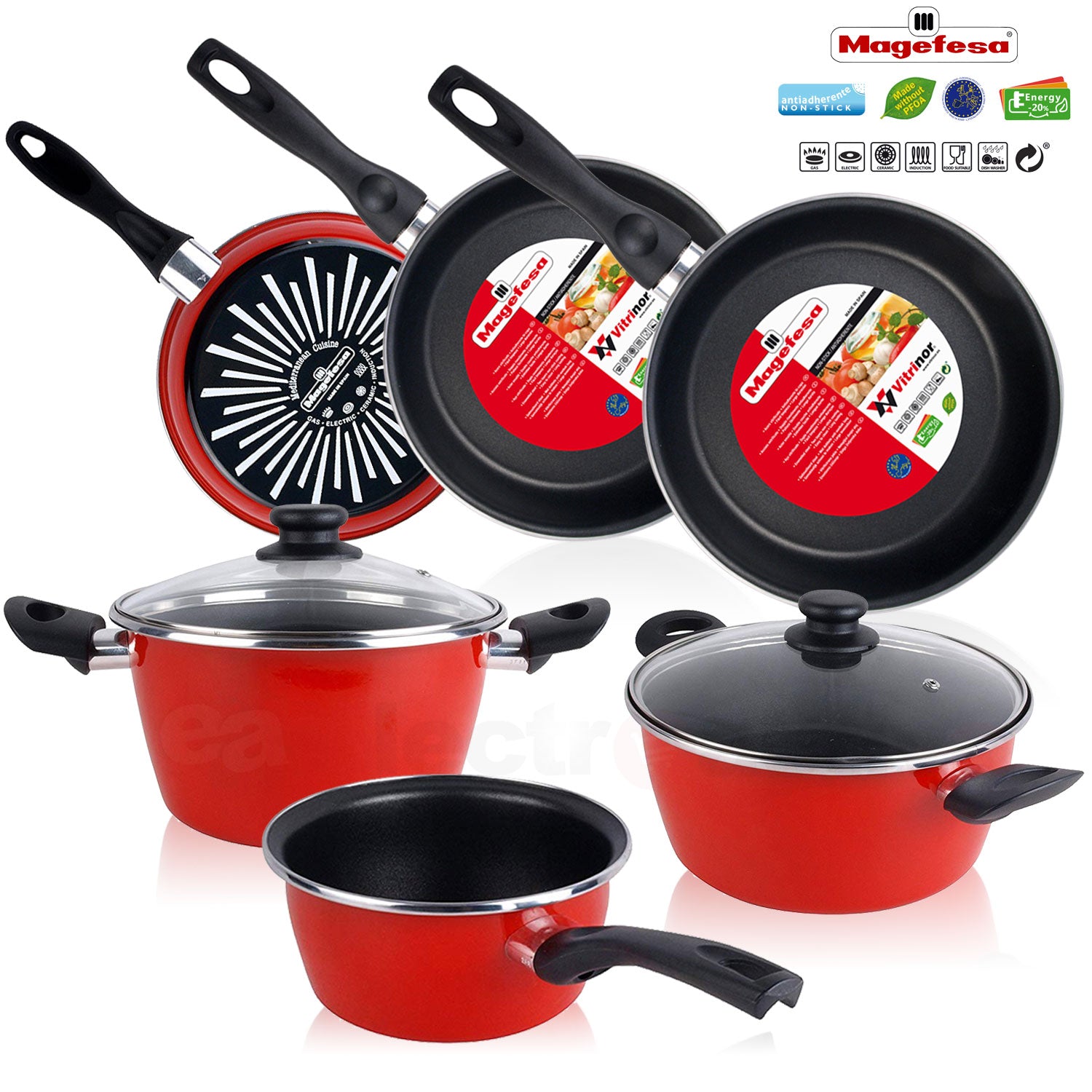 Bateria De Cocina 5 Piezas + Set Juego 3 Sartenes 18-20-24cm, Acero Vitrificado 820ºc, Libre Pfoa Magefesa Grana, Rojo_1
