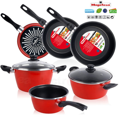Bateria De Cocina 5 Piezas + Set Juego 3 Sartenes 18-20-24cm, Acero Vitrificado 820ºc, Libre Pfoa Magefesa Grana, Rojo_1