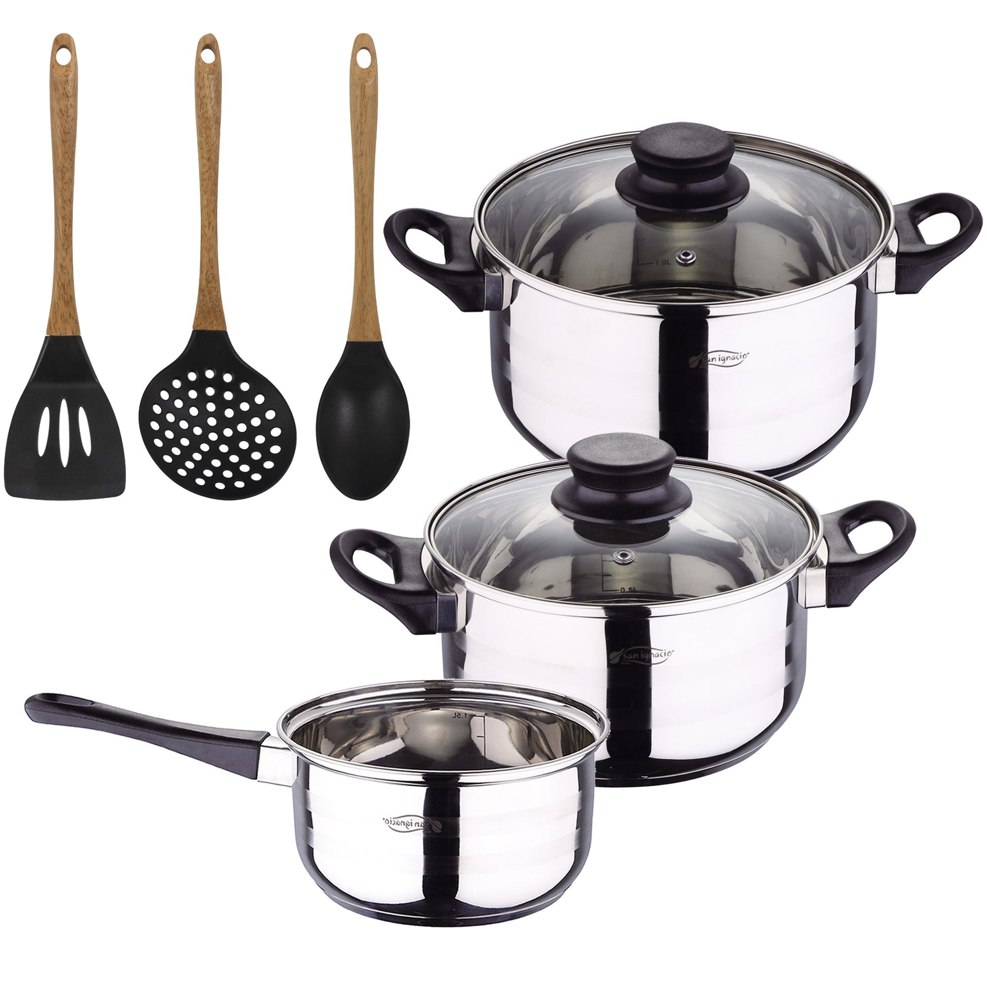 Bateria De Cocina 5 Piezas San Ignacio De Acero Inoxidable Con Set De 3 Utensilios De Cocina En Silicona Foodies