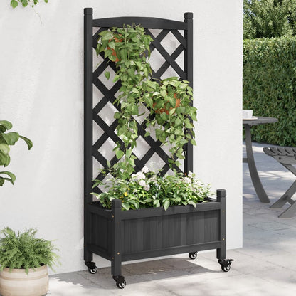 Jardinera Con Enrejado Y Ruedas Madera Maciza De Abeto Negro_1