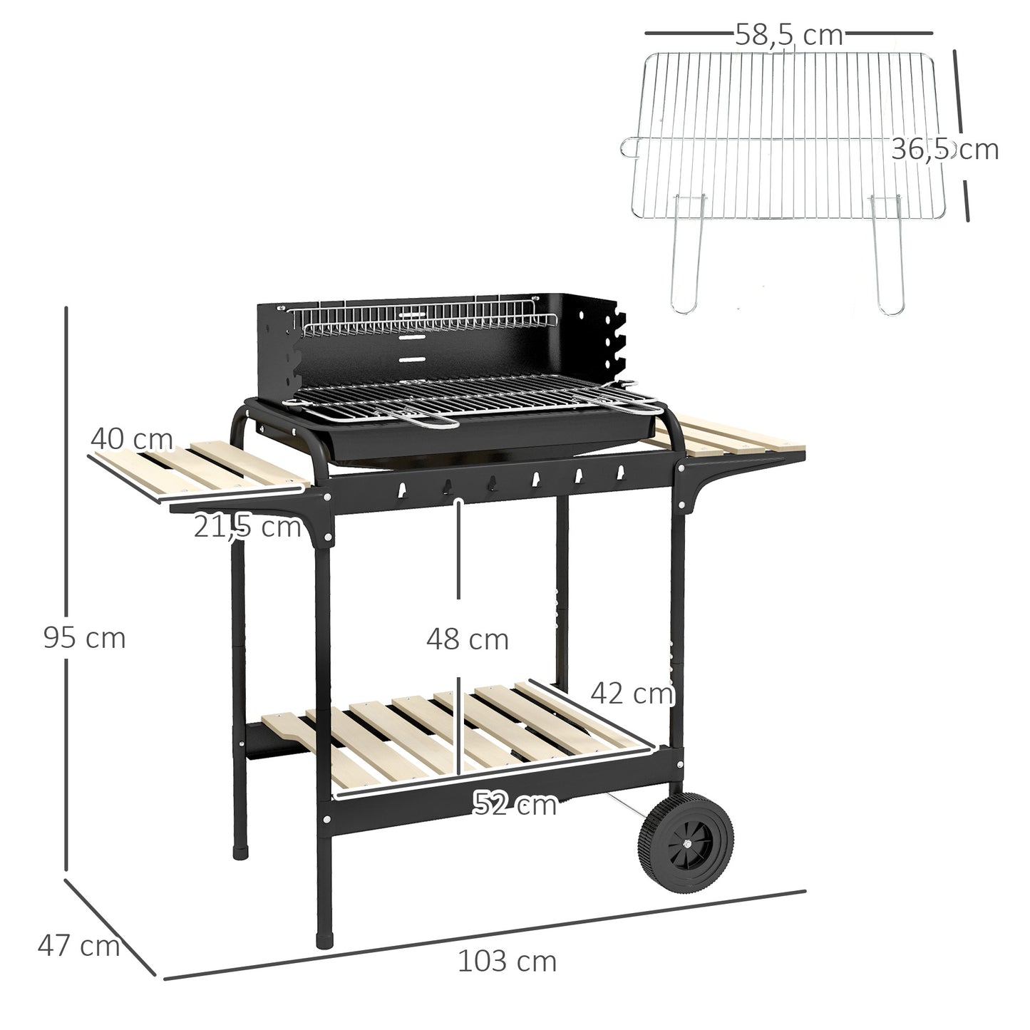 Outsunny Barbacoa De Carbón Con Ruedas Parrilla Ajustable En Altura Negro_2