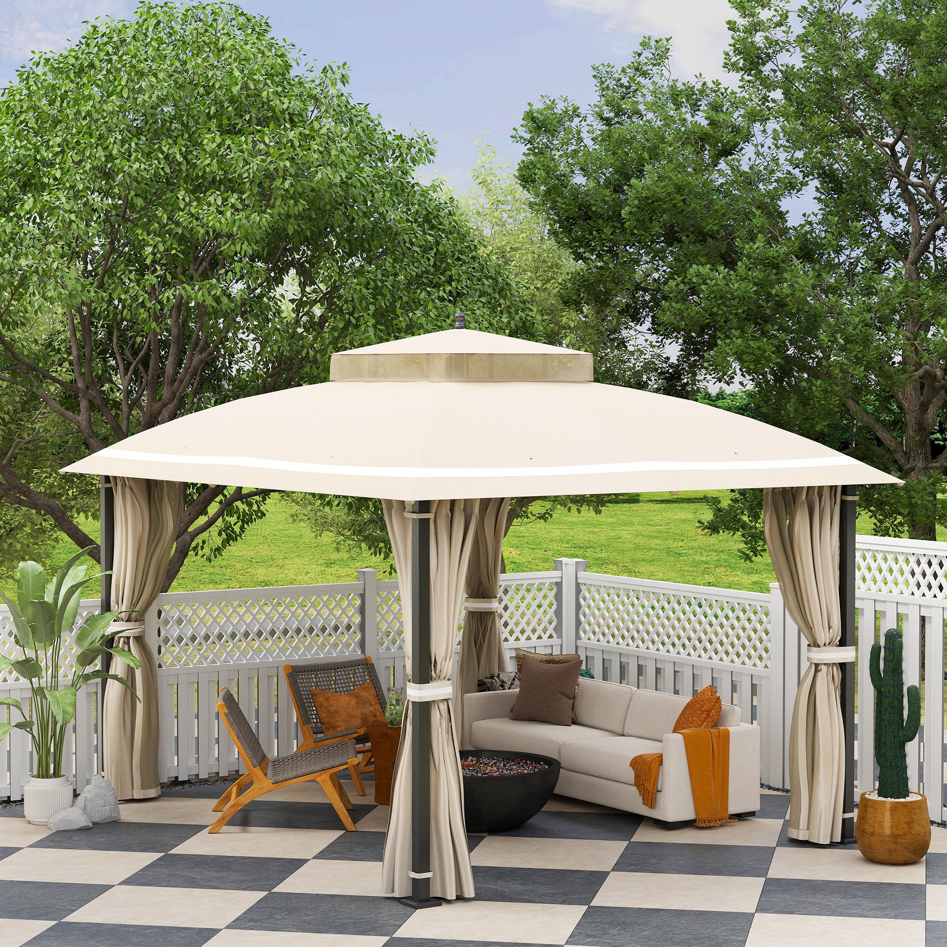 Outsunny Cenador Para Jardín 3,7x3 M Con Paredes Laterales Mosquiteras Beige_3
