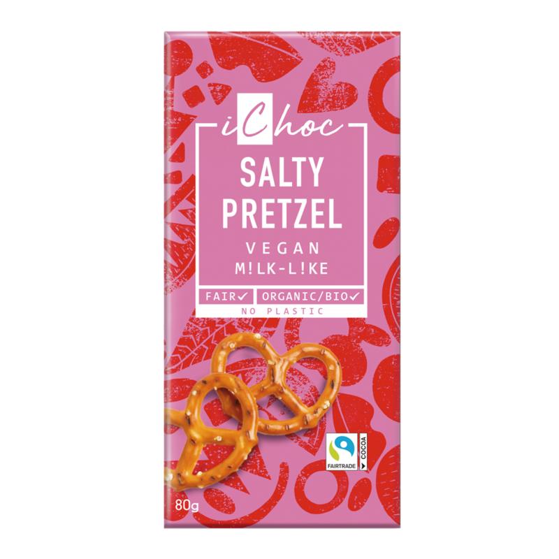 Barra de chocolate vegan iChoc orgânico Fairtrade com pedaços de pretzel 80g
