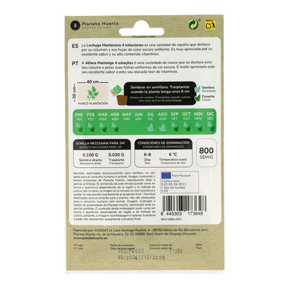 Sementes de alface butterhead orgânicas de 4 estações da Planeta Huerto