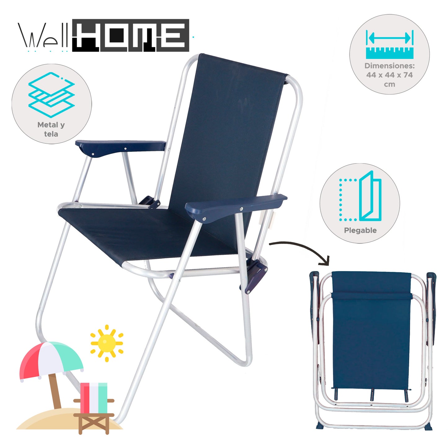 Well Home - Juego de 2 Sillas de Playa Metálicas Plegables Color Azul (44 x 44 x 74 cm)_1