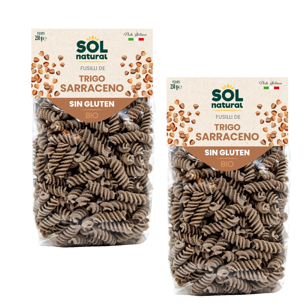 Embalagem de 2x Fusilli de trigo sarraceno sem glúten Bio Sol Natural 250 g