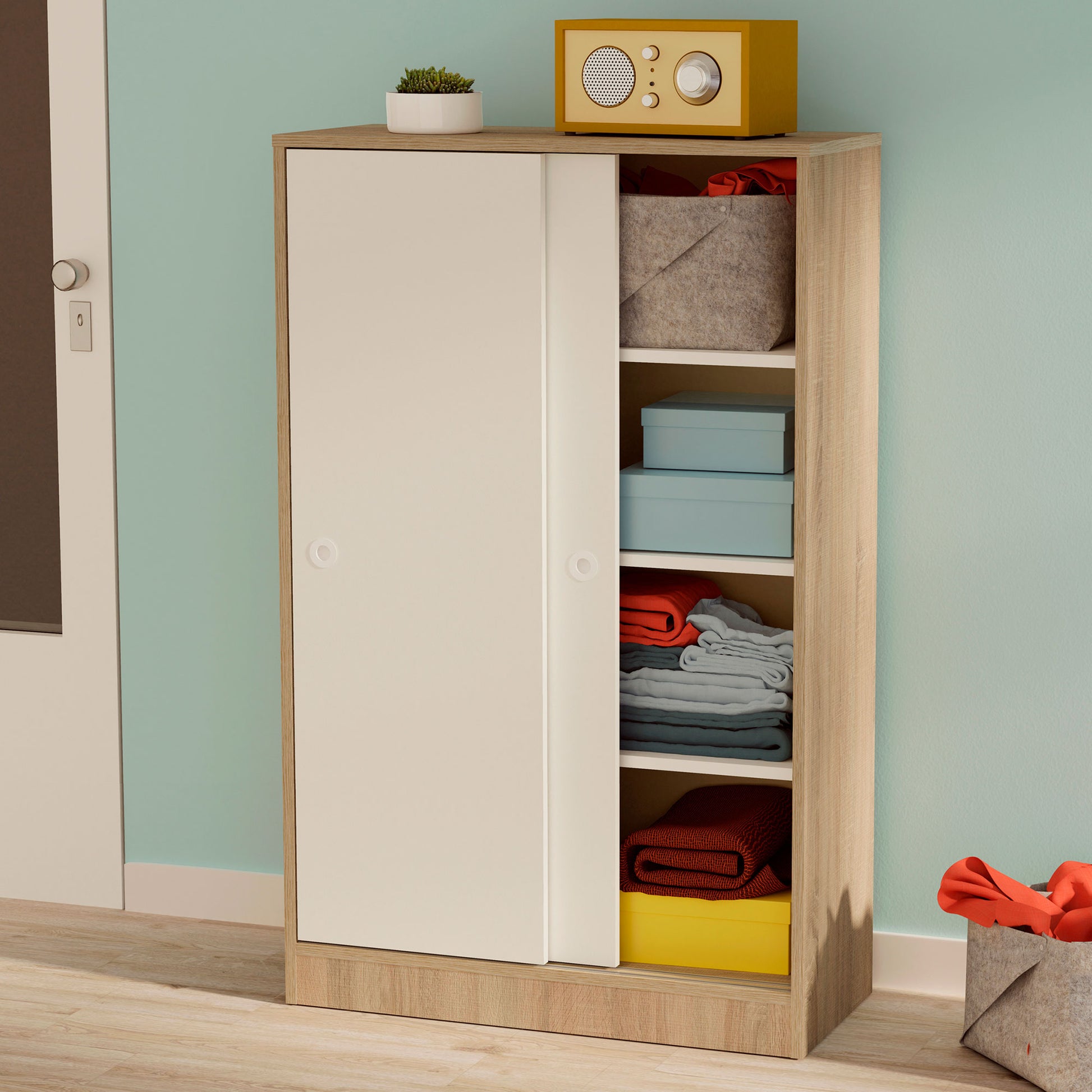 Armario Dormitorio, Multiusos, Baño, Mueble Cocina, Zapatero 2 Puertas Correderas 120x74x33 Cm, Briebe, Nova, Blanco_1