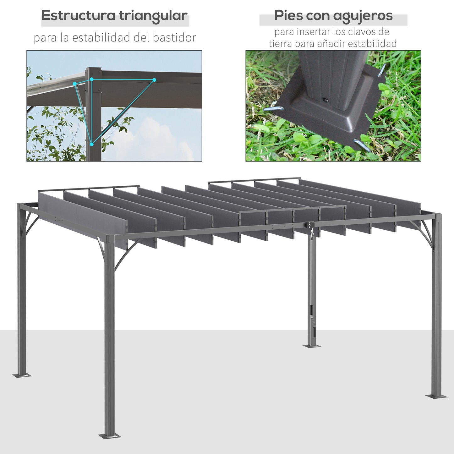 Outsunny Pérgola 4x3 M Con Diseño De Lamas Superior Giratorio Hasta 135° Gris_5