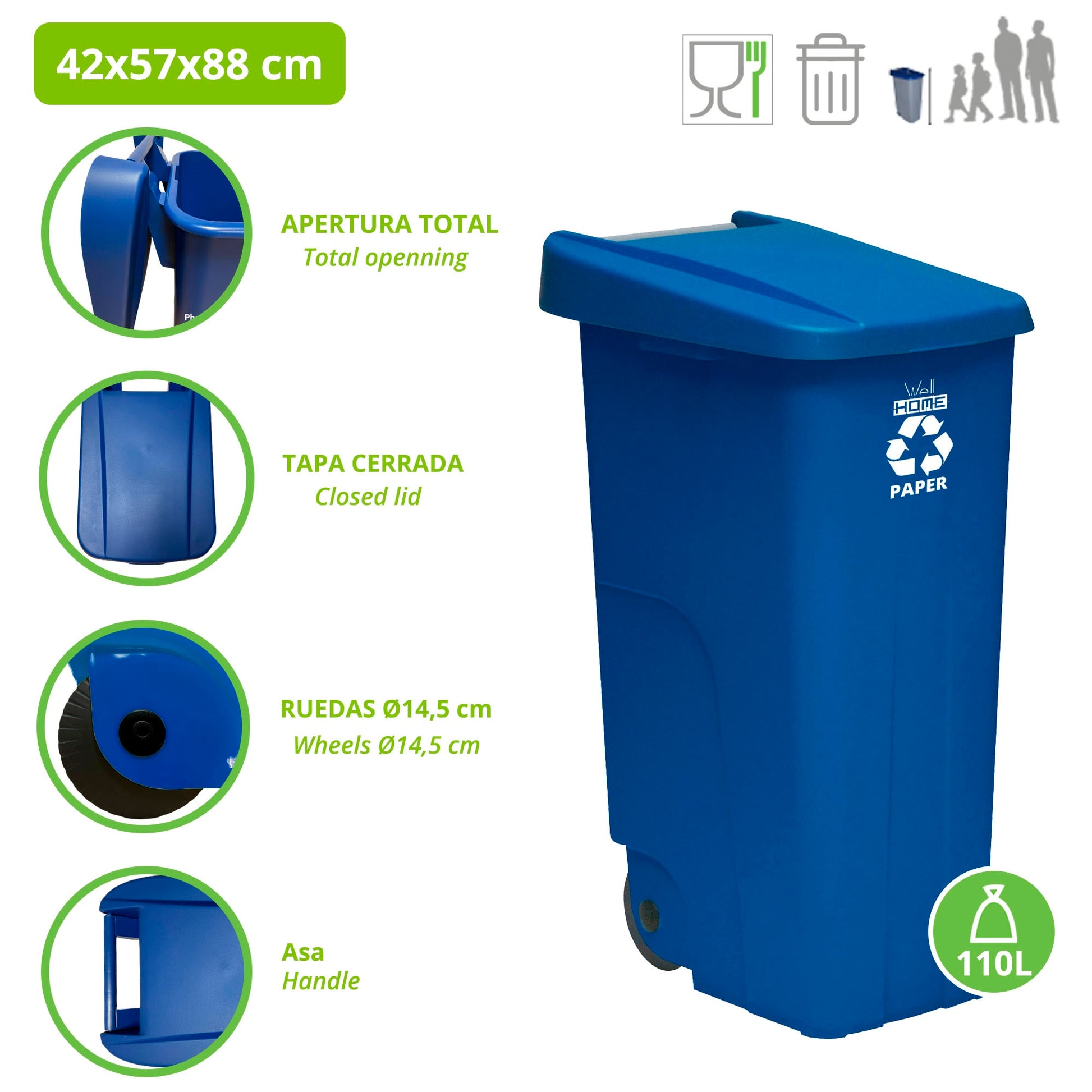 Pack Reciclaje 3 Contenedores - Cubo De Basura Wellhome Reciclo 110l Cerrado C/u: Azul (papel Y Cartón) - Marrón (orgánico) - Amarillo (plásticos)_1