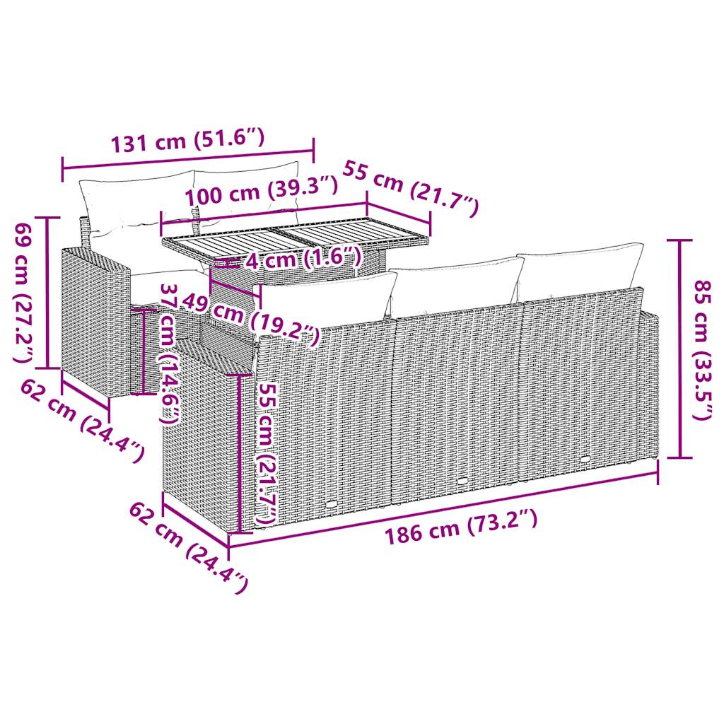 Set De Muebles De Jardín 6 Pzas Y Cojines Ratán Sintético Gris / Vetonek_3