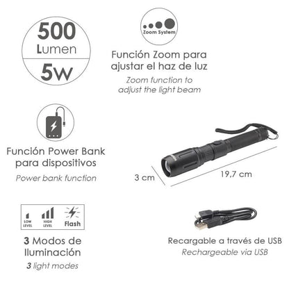 Linterna Led De Mano Con Bateria Recargable Con Función Powerbank ( 2.000 Mah) 500 Lumenes (5 Watt.) Con Función Zoom_1