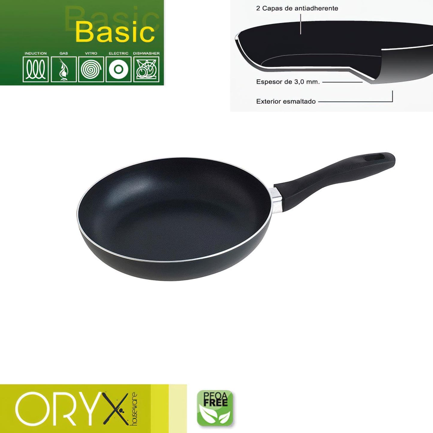 Oryx Sartén Aluminio Antiadherente Basic, Alta Resistencia, Apta Inducción, Libre Pfoa, Diámetro 22 Cm, Espesor 3 Mm._0