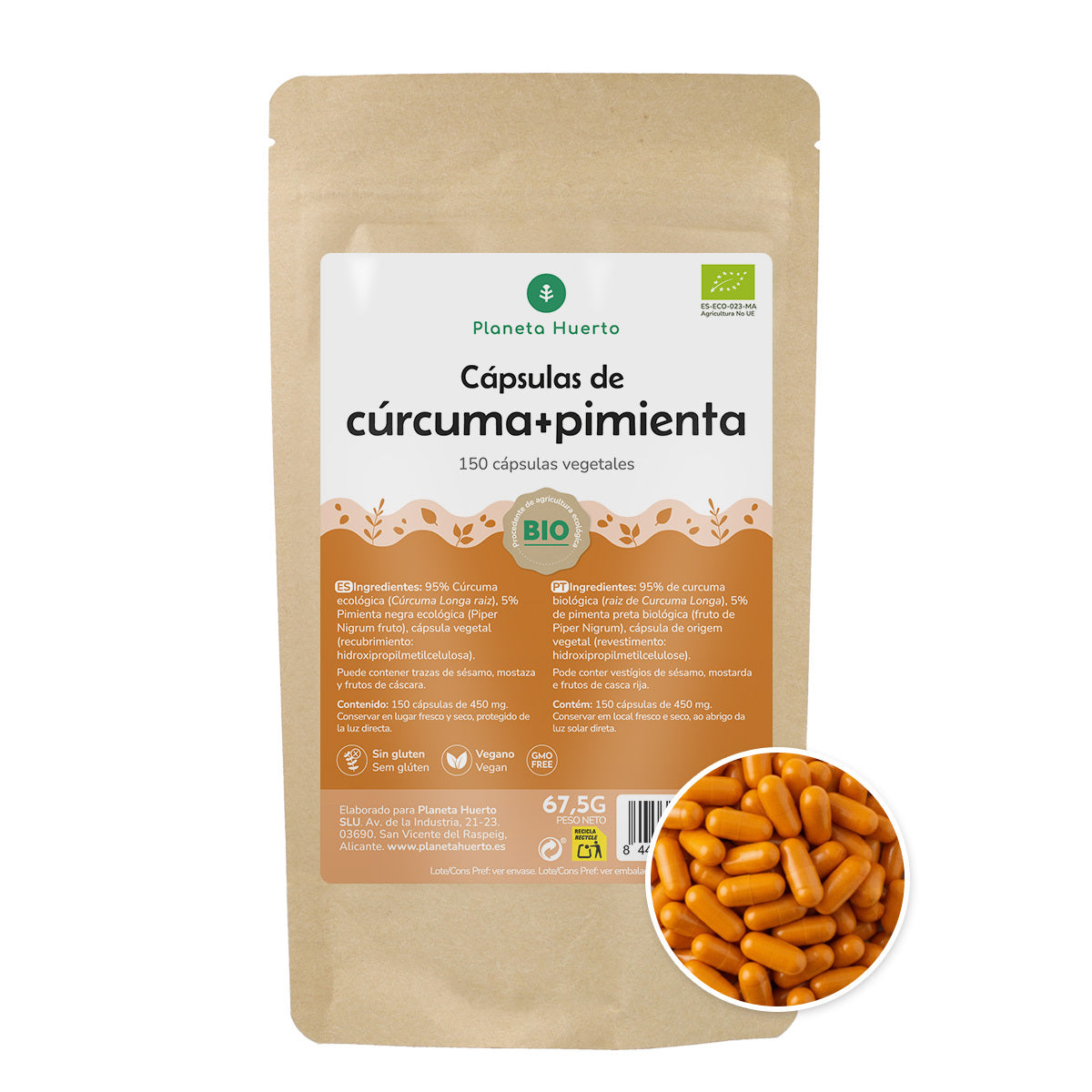 Cúrcuma + Pimenta BIO Planeta Huerto 150 cápsulas