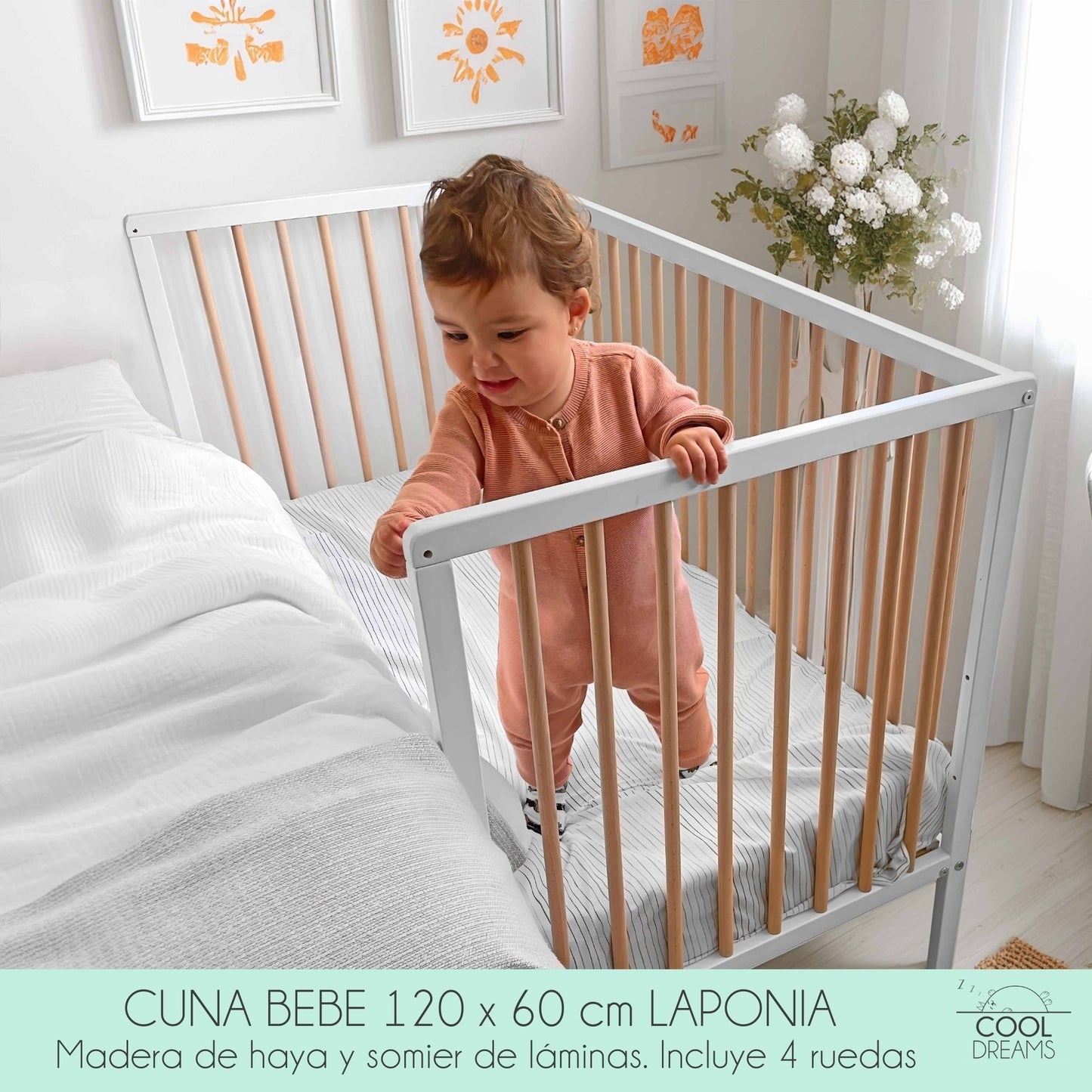 Cuna Colecho De Bebé Laponia Color Natural 120x60 Cm Madera De Haya, 3 Alturas De Somier Y 4 Ruedas Con Freno_2