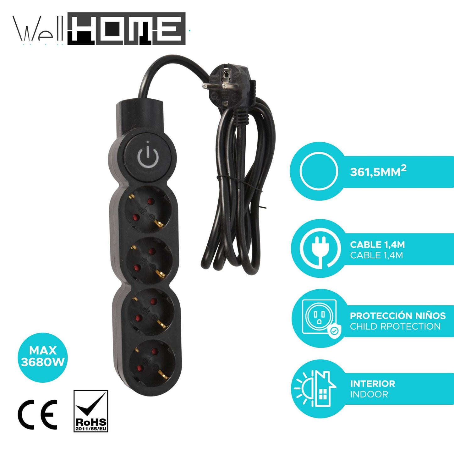 Well Home Regleta De 4 Vías Color Negro Con Protección Para Niños, Con Interruptor Encendido/apagado , Cable 140cm_1
