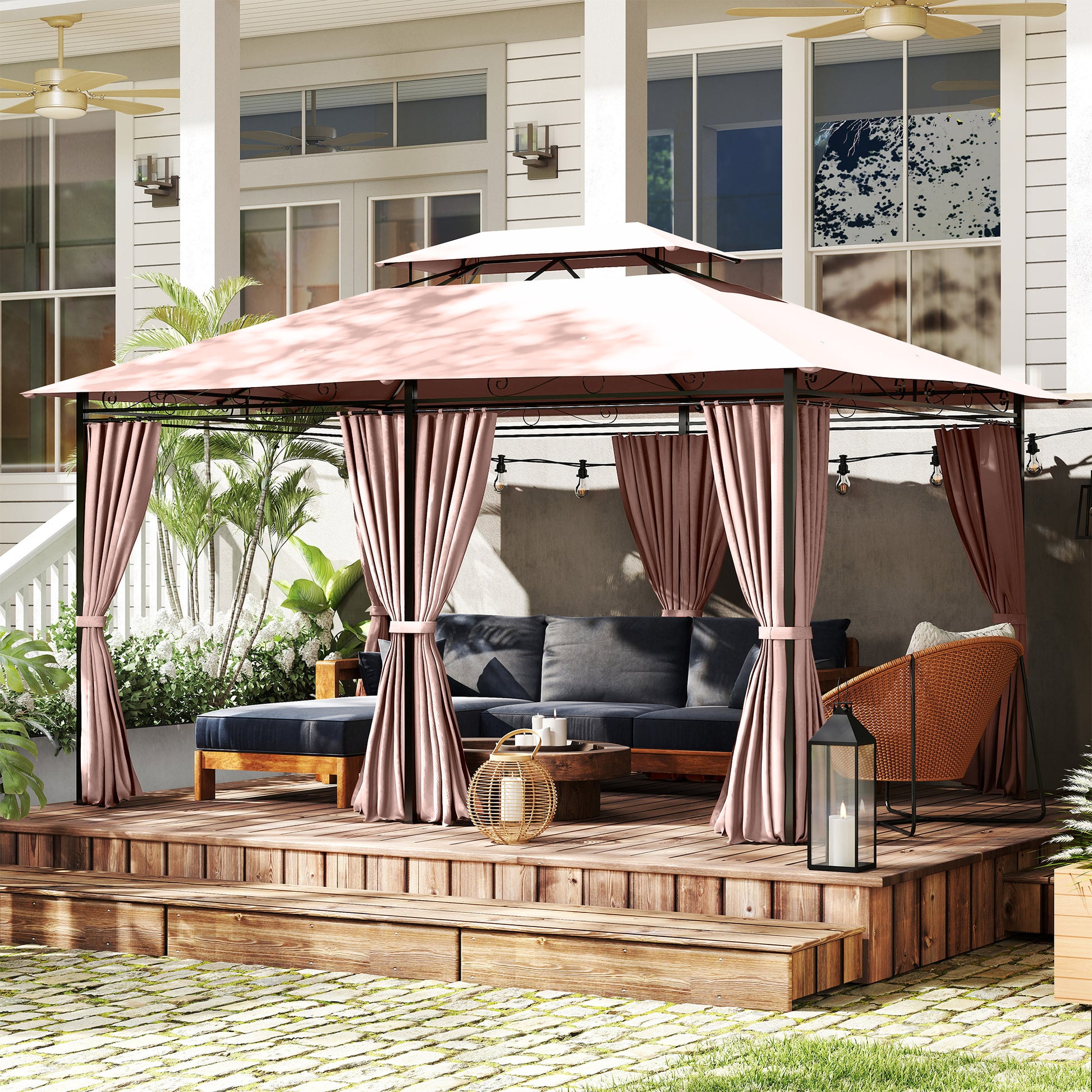 Outsunny Cenador De Jardín 3x4 M Con Paredes Laterales Doble Techo Caqui_4