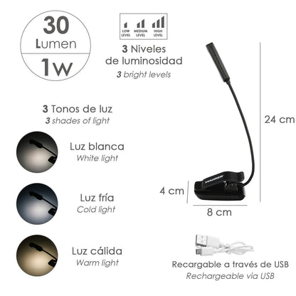Linterna Led De Mesa / Lectura  Bateria Recargable (1.000 Mah) 30 Lumenes Con Clip, 3 Tonos De Luz Y 3 Niveles De Luminosidad_1