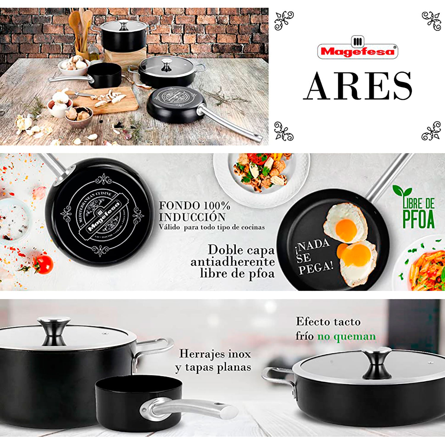 Batería Cocina Inducción 9 Piezas, Antiadherente Libre Pfoa Exterior Negro Mate Retro Vintage Magefesa Ares, Negro_4