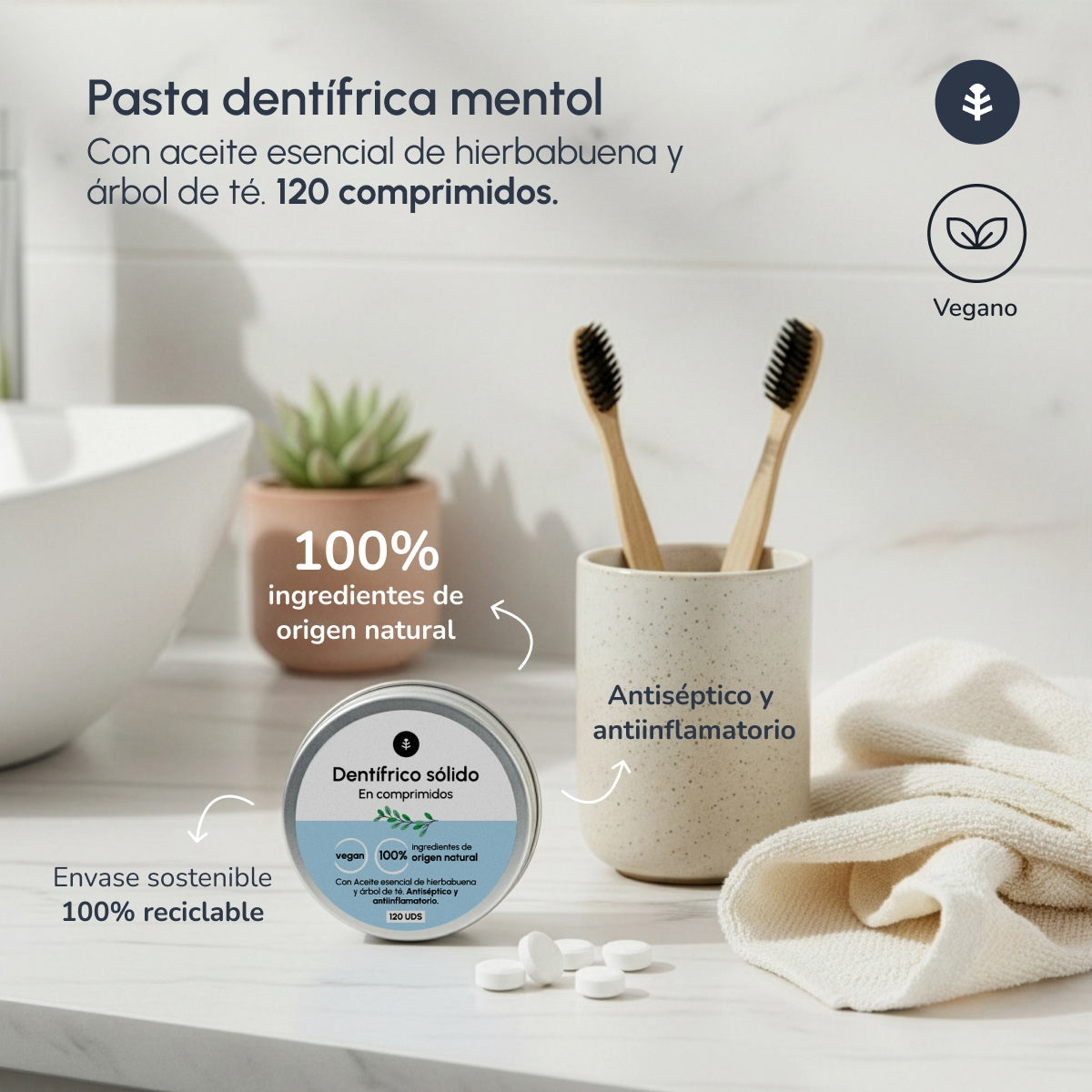 Pasta de dentes sólida sem flúor Planeta Huerto 120 comprimidos