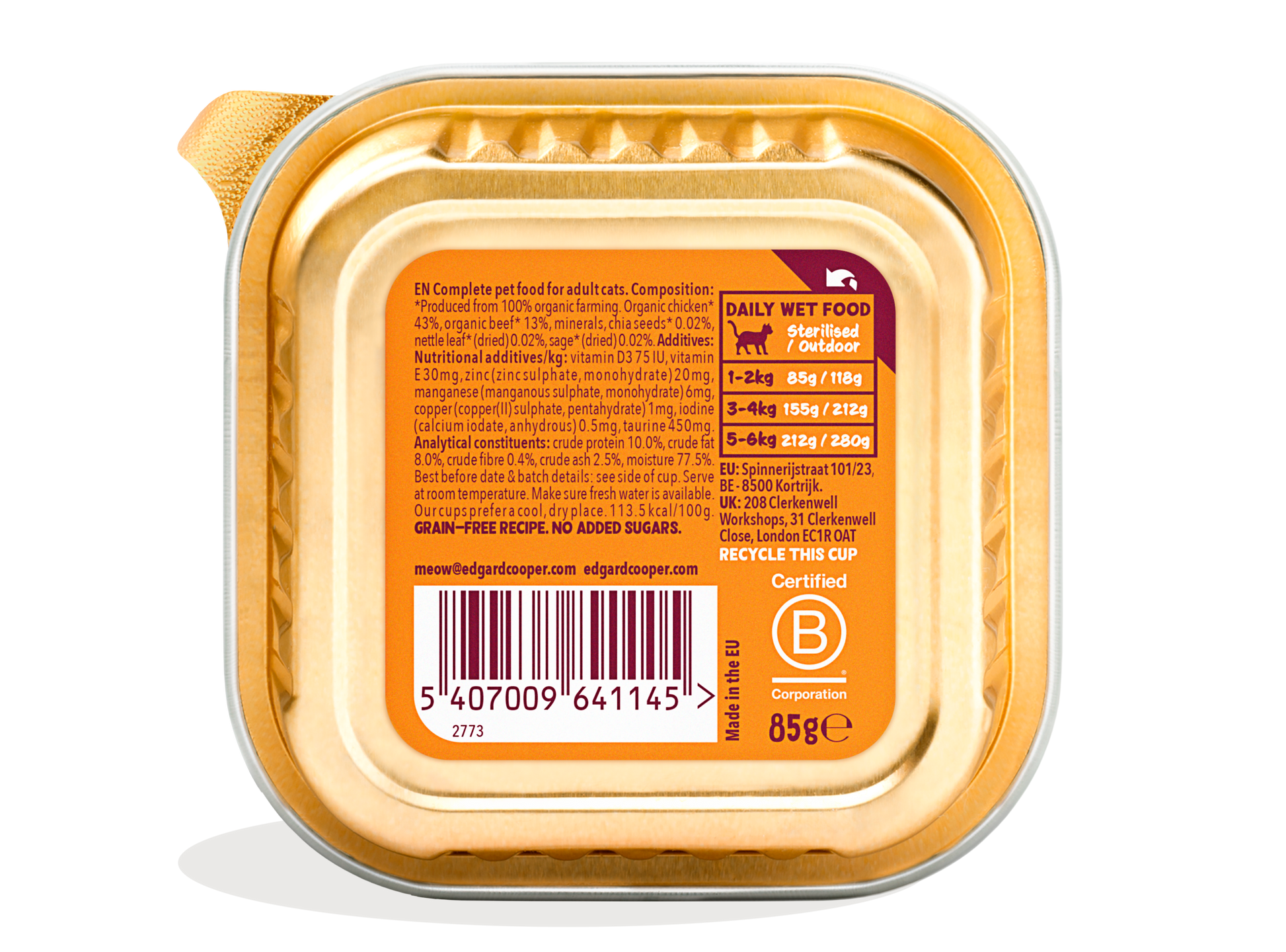 Paté ecológico de pollo para gato adulto Edgard & Cooper 85 g
