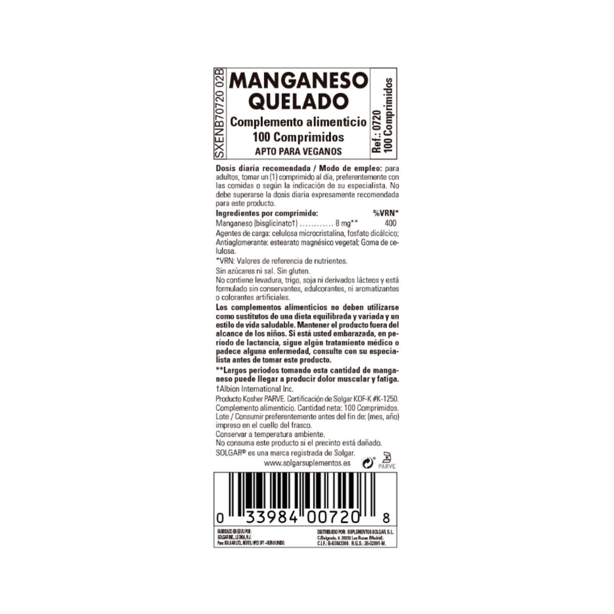 Manganês Quelatado 100 comprimidos Solgar