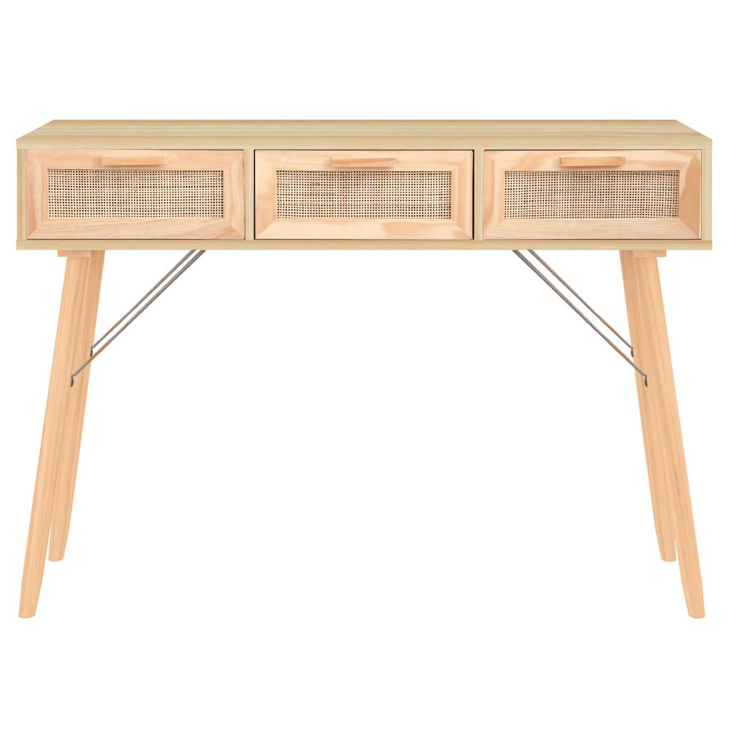 Mesa Consola Madera Pino Maciza Ratán Natural 105x30x75 Cm_3