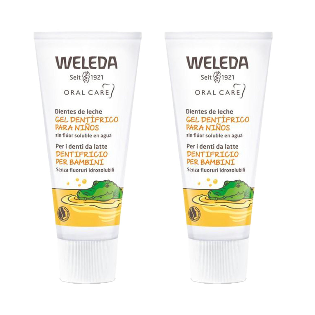 Embalagem de 2 dentífricos em gel especiais para crianças Weleda 50 ml