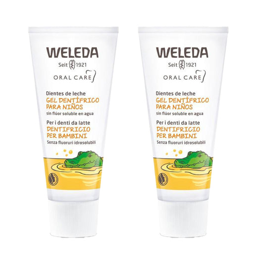 Embalagem de 2 dentífricos em gel especiais para crianças Weleda 50 ml