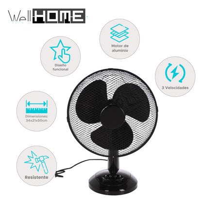 Well Home Ventilador De Mesa De 34x21x50cm Con Cabezal Ajustable Y 3 Velocidades - Color Negro_1