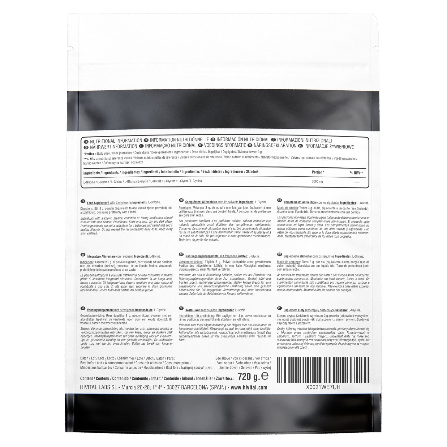 L-Glicina 3000 mg Hivital 720 gramas em pó vegan