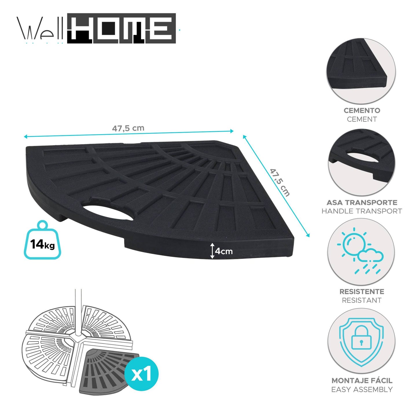 Well Home Base Para Sombrilla De Cemento De 14kg Resistente Y Estable Con Asa Y Diseño Triangular  47,5x47,5x4cm_1