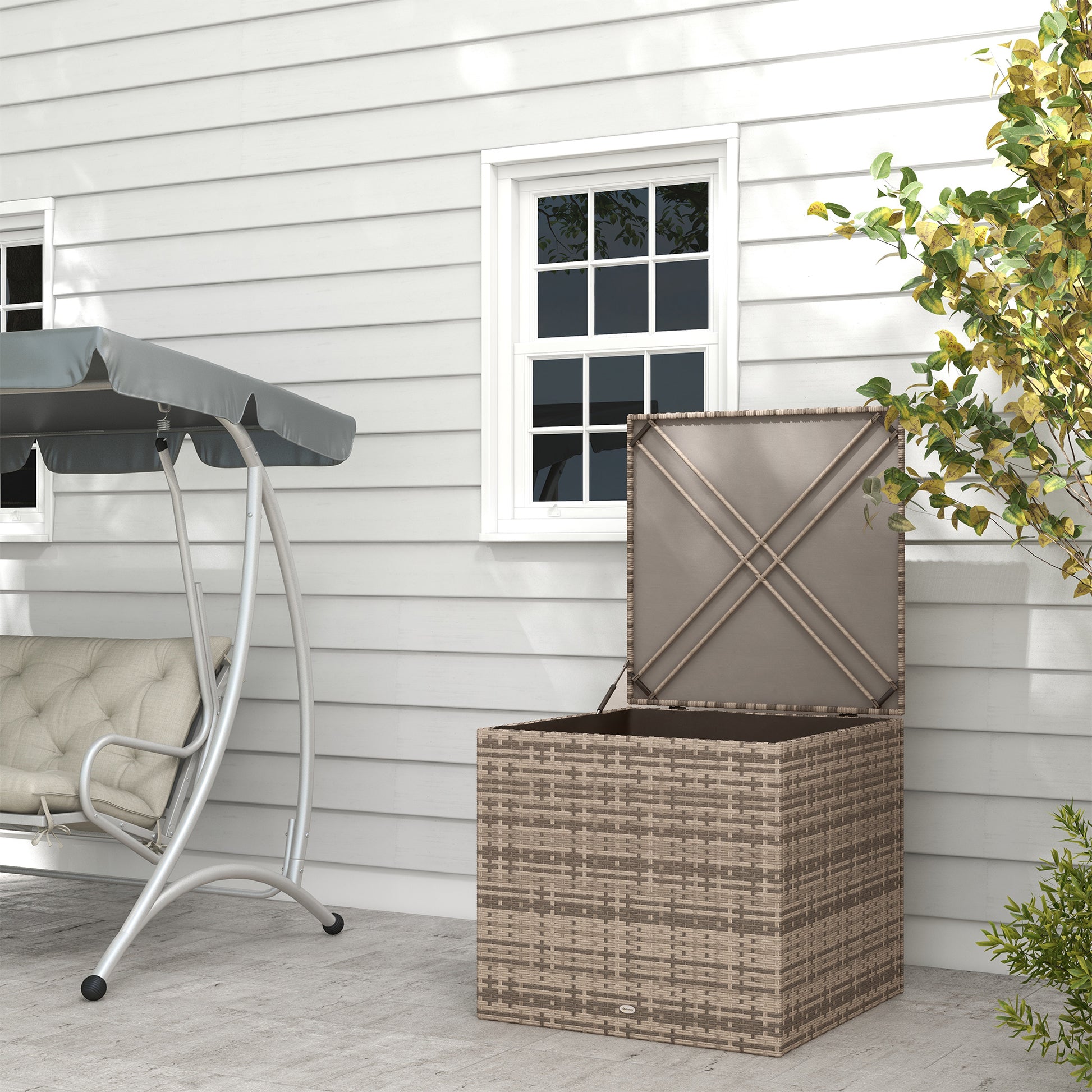 Outsunny Baúl De Exterior De Ratán Sintético 75x75x70 Cm Con Varilla Hidráulica_1