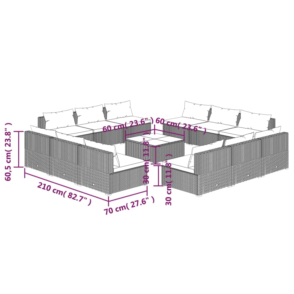 Set Muebles De Jardín 13 Pzas Y Cojines Ratán Sintético Marrón / Vetonek_3