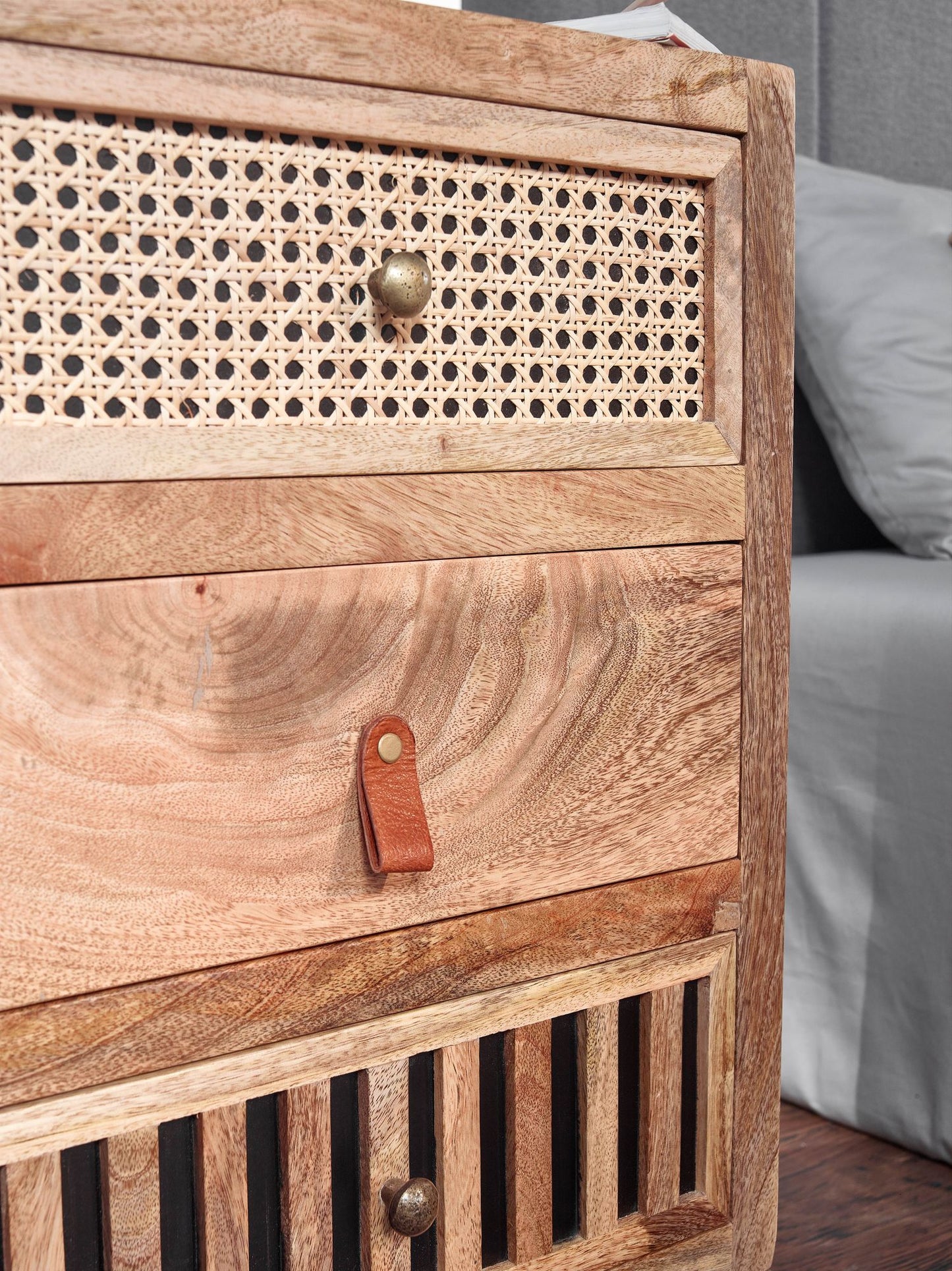 Mesita De Noche Mango Madera Maciza / Metal 40x60x30 Cm_4
