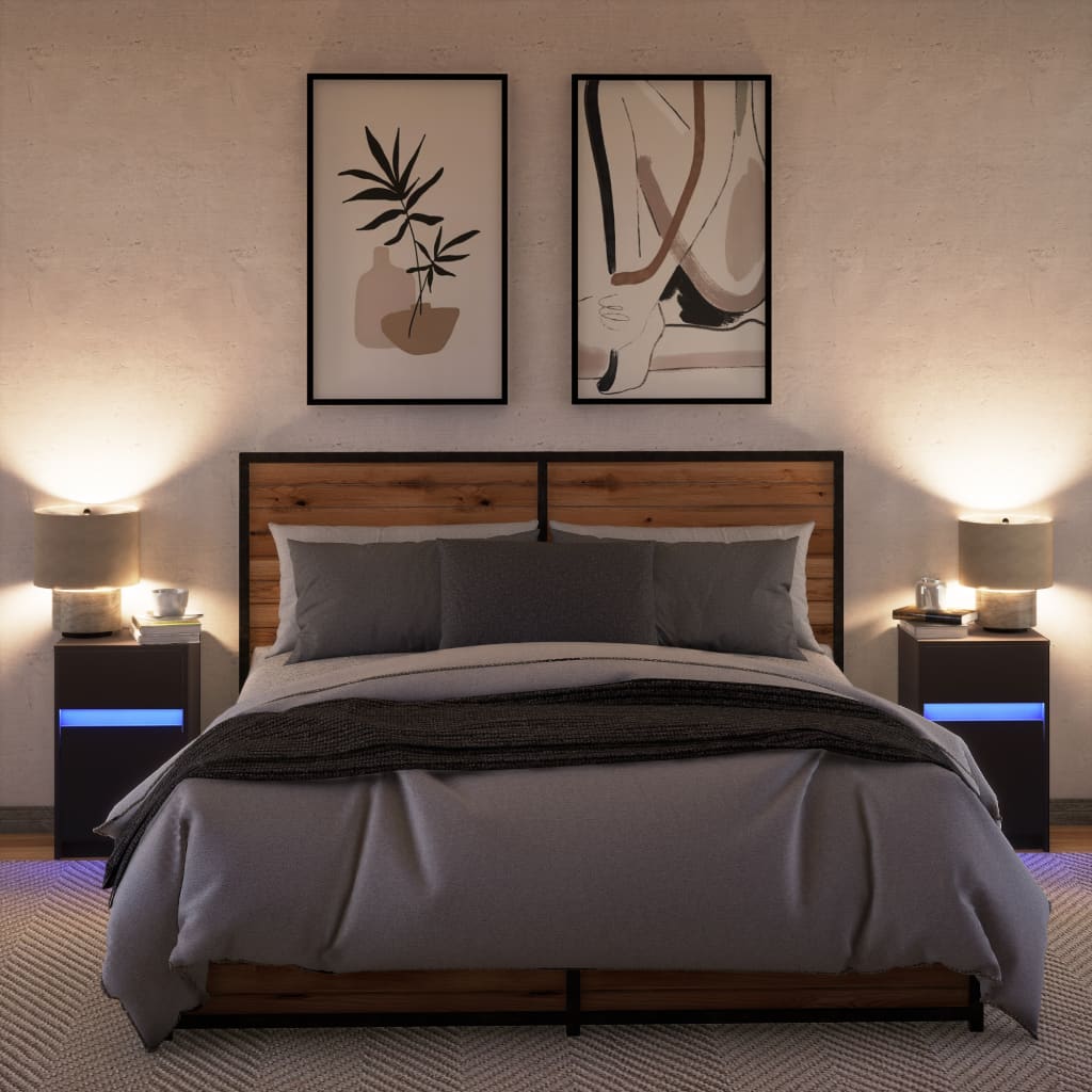 Mesitas De Noche Con Luces Led 2 Uds Madera Ingeniería Negra_2