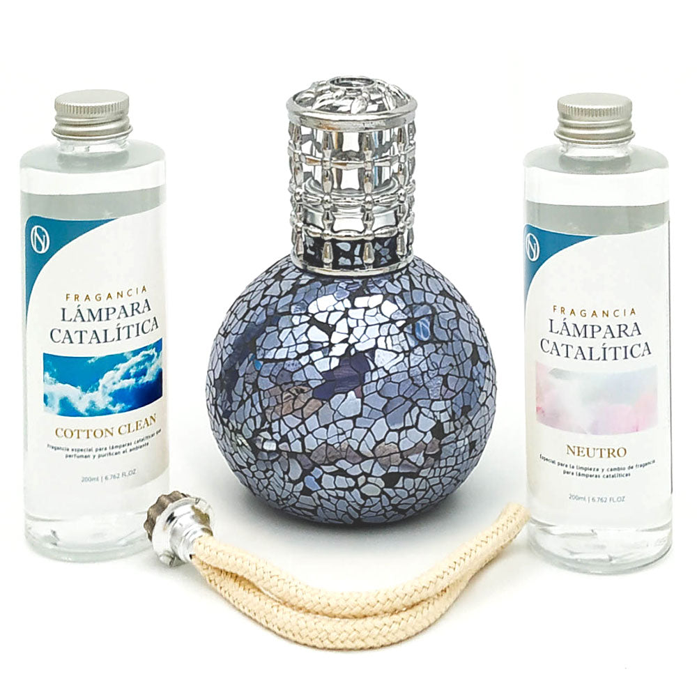 Pack Lámpara Catalítica Mosaico Azul Océano + Fragancia Cotton Clean 200ml + Limpiador Neutro 200ml + Mecha De Repuesto_0