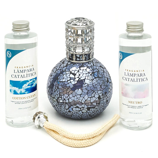 Pack Lámpara Catalítica Mosaico Azul Océano + Fragancia Cotton Clean 200ml + Limpiador Neutro 200ml + Mecha De Repuesto_0