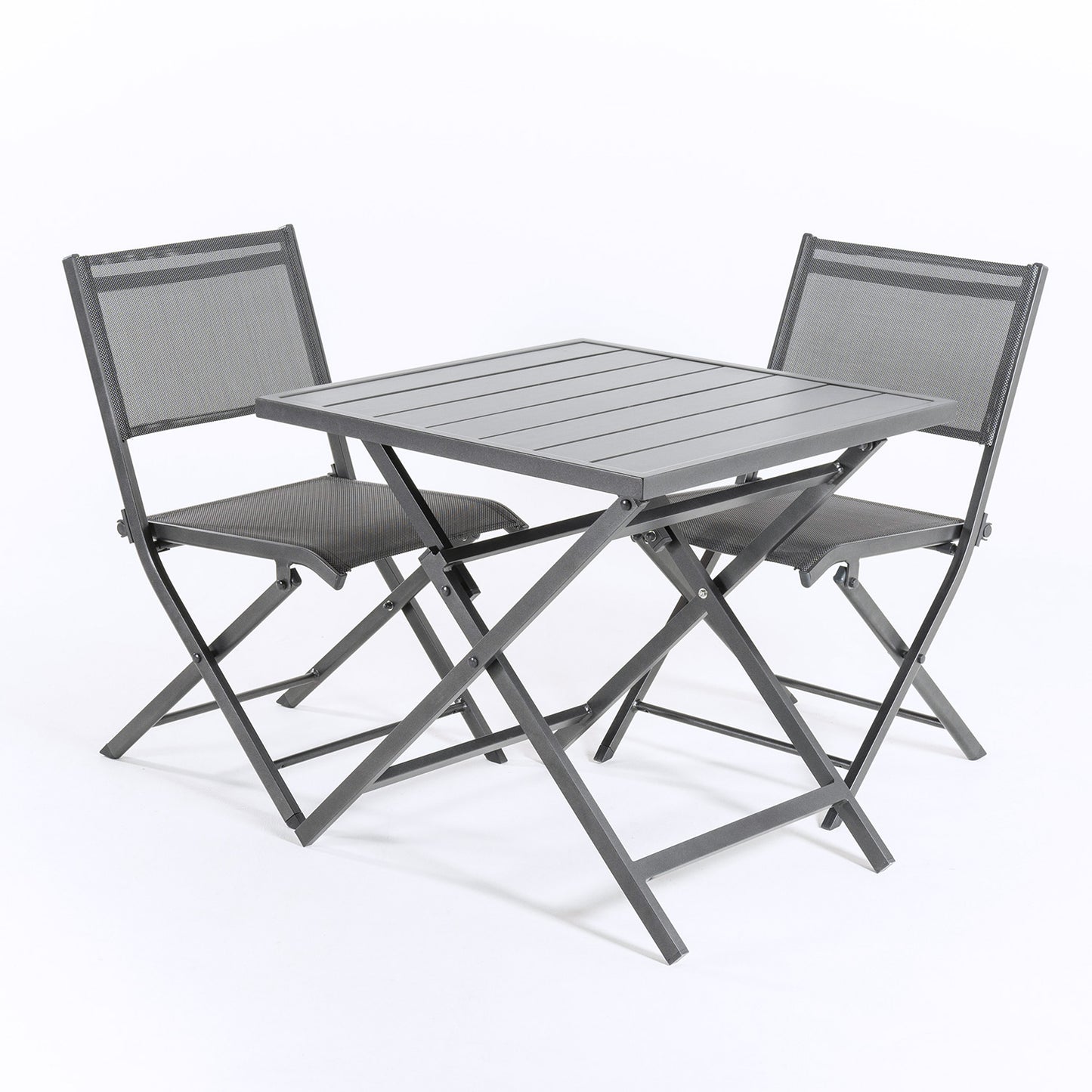 Conjunto Para Exterior, Mesa Plegable 70 Cm Y 2 Sillas Plegables, Aluminio Antracita, Textilene Color Plata Y Negro, 2 Plazas_2